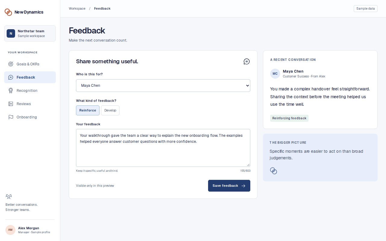 A feedback composer with colleague selection and a recent conversation, shown in the New Dynamics desktop interface.