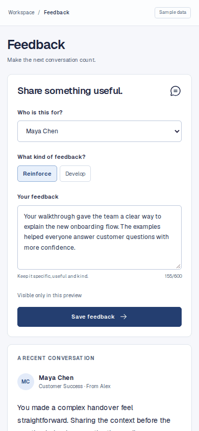 A feedback composer with colleague selection and a recent conversation, shown in the New Dynamics mobile layout.
