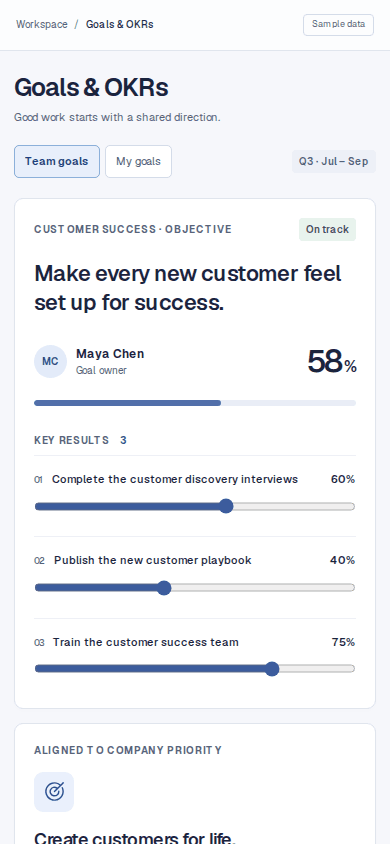 A goal workspace with aligned priorities, key results and progress, shown in the New Dynamics mobile layout.