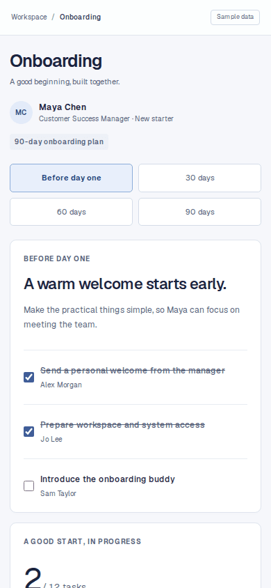 An onboarding plan with milestones, task owners and progress, shown in the New Dynamics mobile layout.