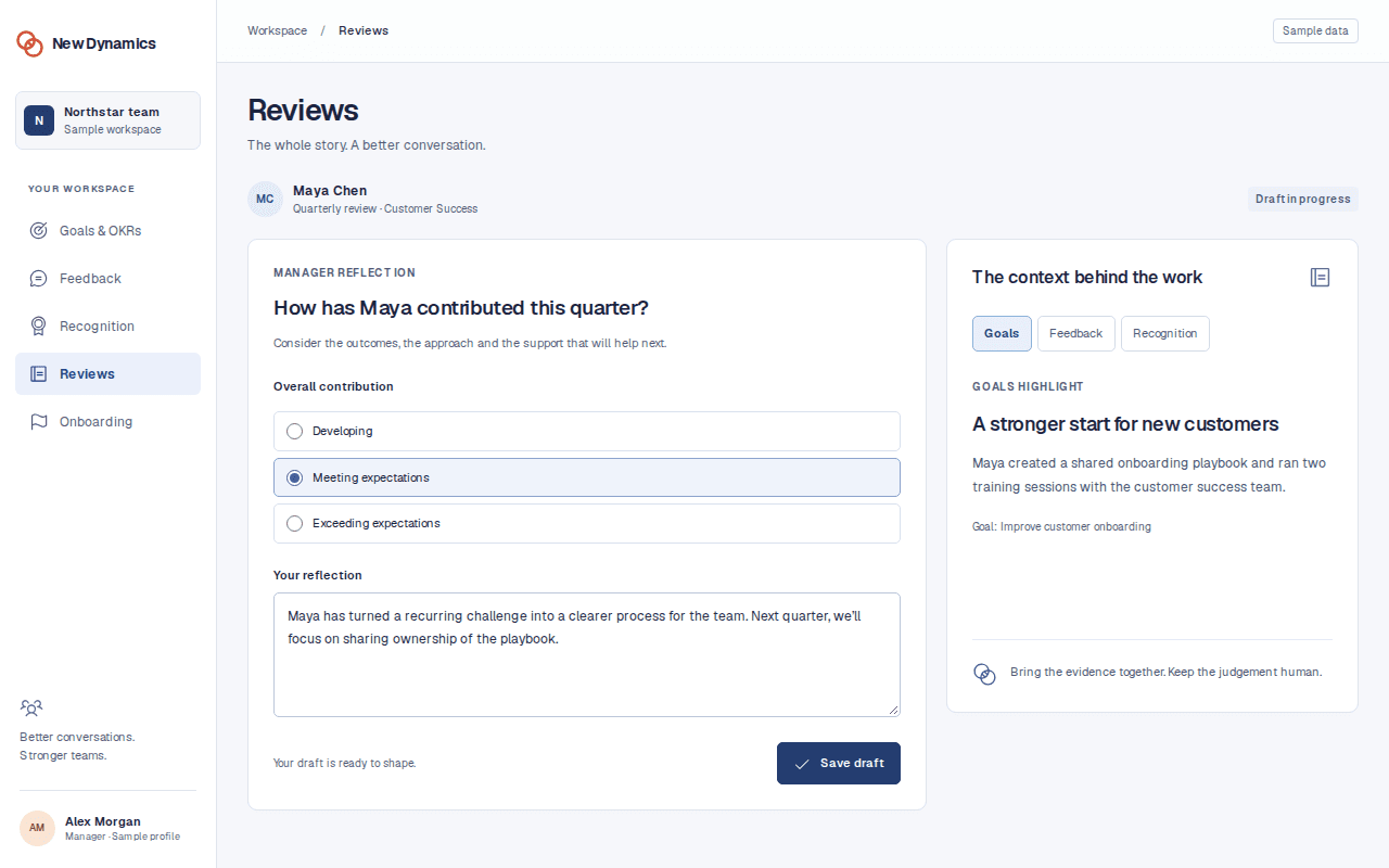 A review draft alongside goals, feedback and recognition evidence, shown in the New Dynamics desktop interface.