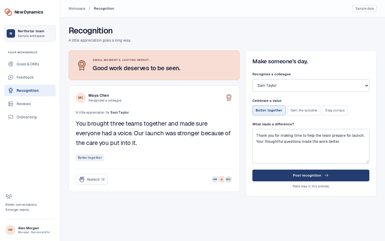 A recognition feed with appreciation, company values and applause, shown in the New Dynamics desktop interface.