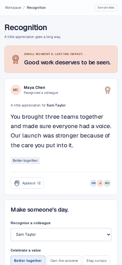 A recognition feed with appreciation, company values and applause, shown in the New Dynamics mobile layout.