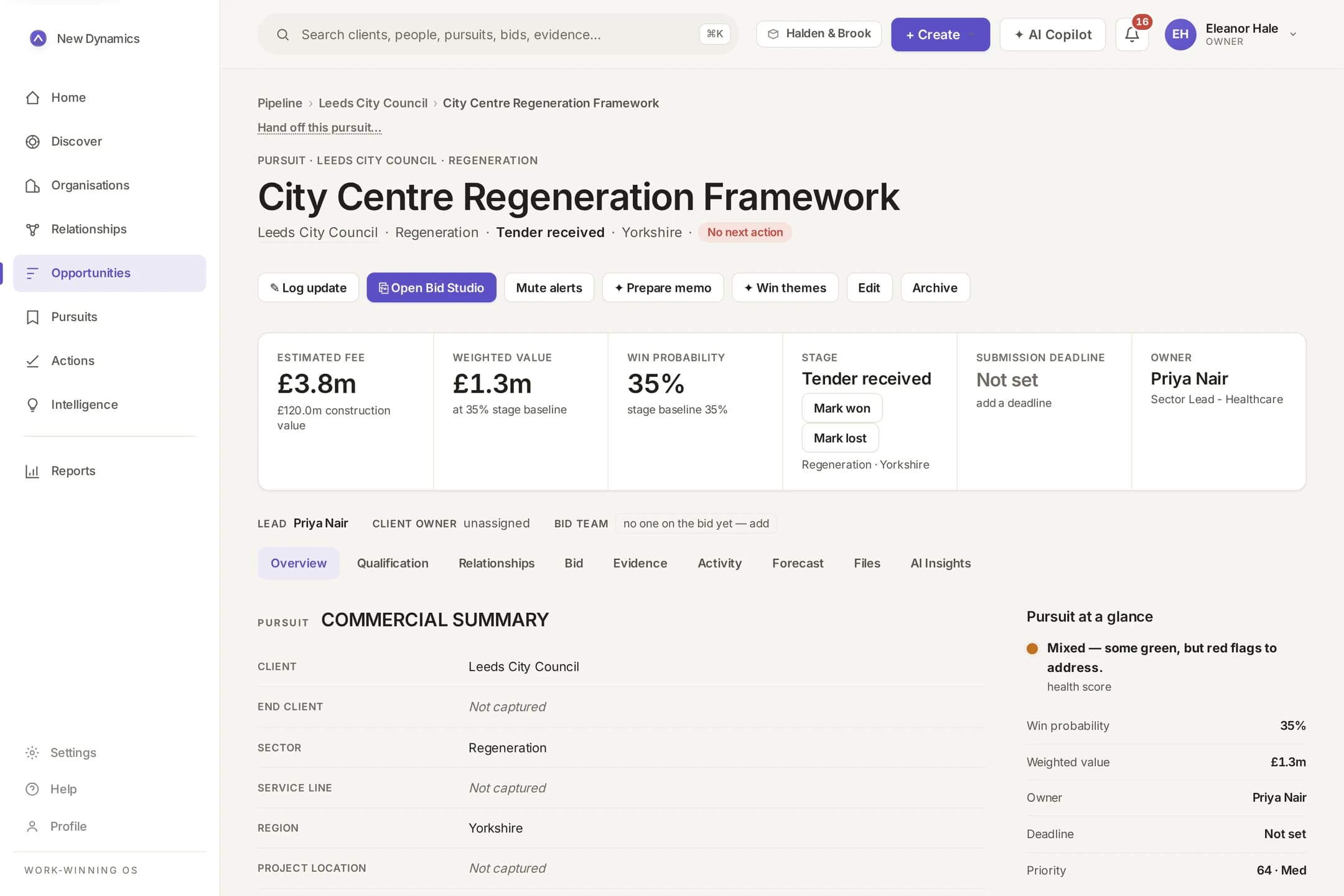A pursuit workspace with client, stage, estimated fee, weighted value, owner and next action in one view.