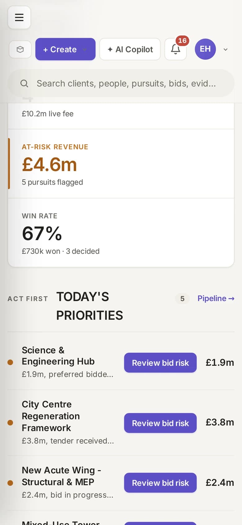 The priority feed on a phone: pursuits ranked by value and missing next actions, reviewable from anywhere.