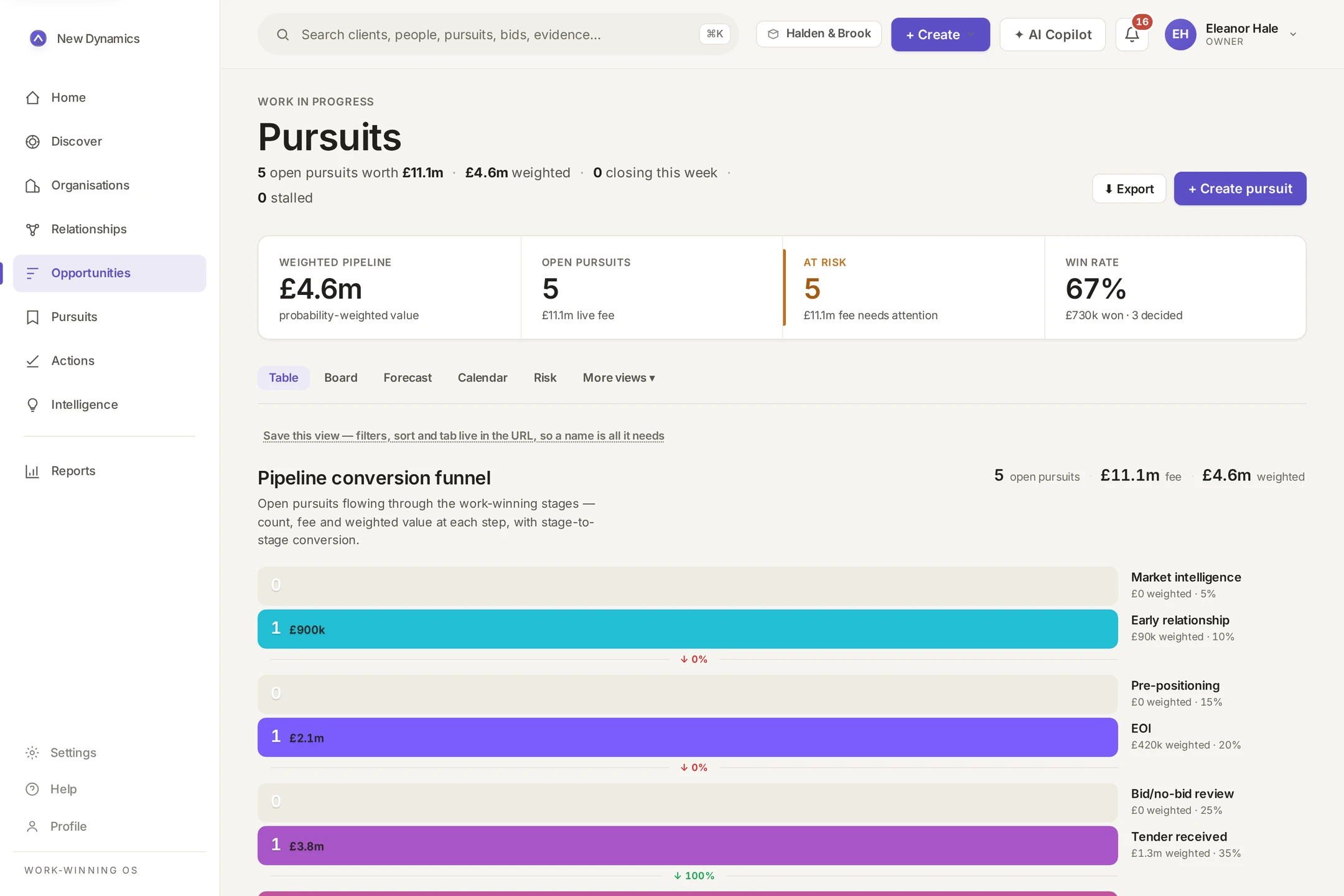 Pursuits pipeline screen with weighted pipeline, open pursuits and at-risk totals, plus a stage-by-stage conversion funnel.