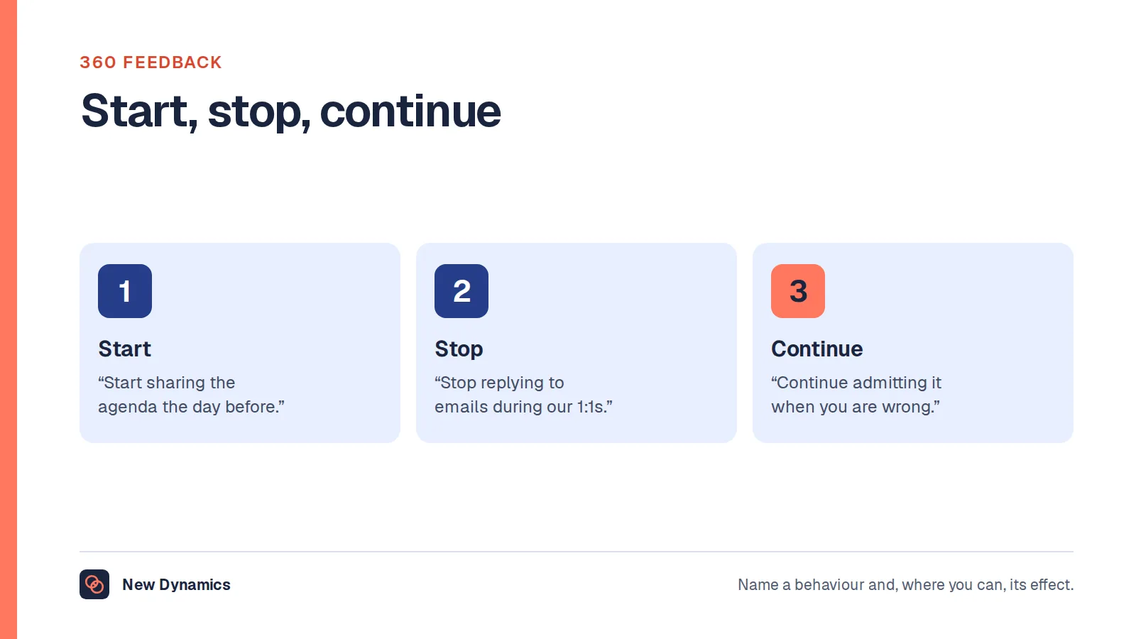 360 feedback examples in the start, stop, continue format: one thing the person should start doing, one thing to stop and one thing to continue.