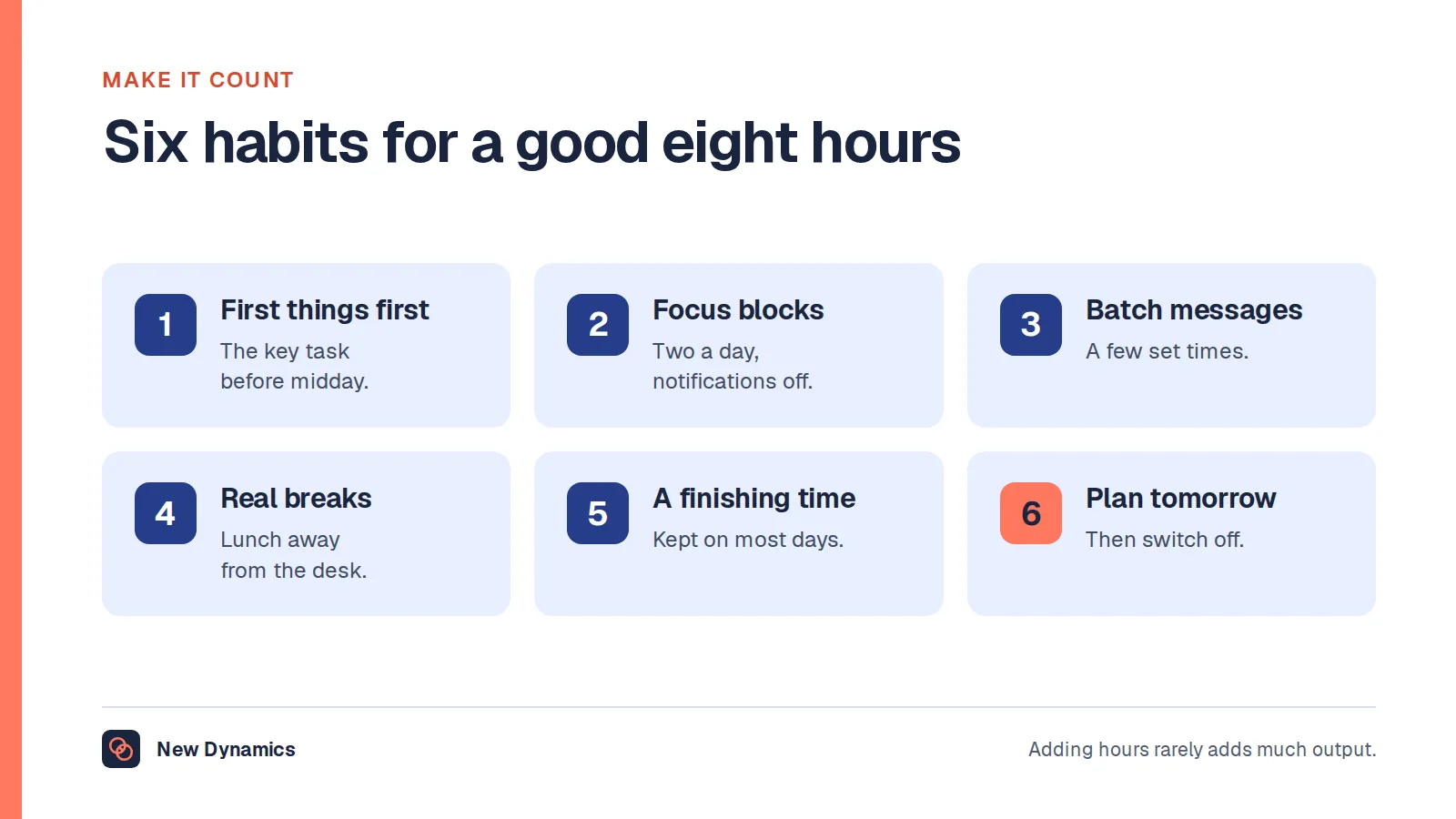 Six habits for a productive 8-hour working day: choose the most important task first, protect focus blocks, batch messages, take real breaks, set a finishing time, and plan tomorrow before you leave.