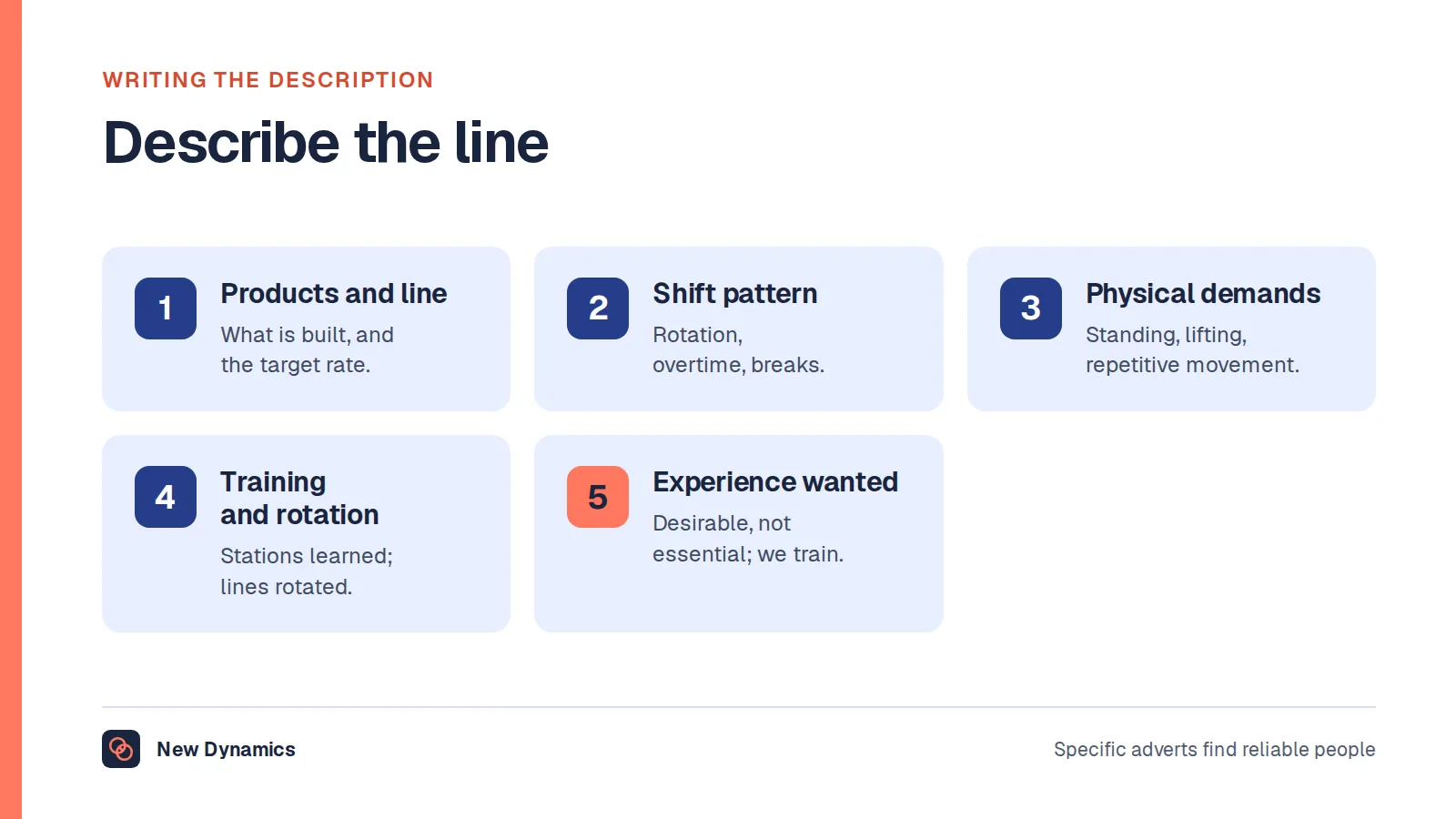 Five things an assembly worker job description should state: the products and line, the shift pattern and rotation, the physical demands, the training and rotation between stations, and that experience is desirable rather than essential.