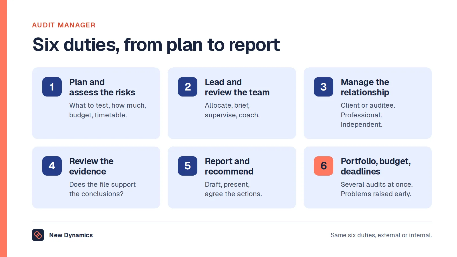 Audit manager job in six duties: plan the audit and assess the risks, lead and review the team, manage the client or auditee relationship, review the work and evidence, report findings and recommendations, and manage the portfolio, budget and deadlines.