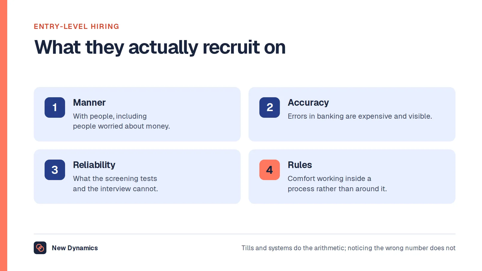What banks recruit on for entry-level roles: manner with people, accuracy, reliability and honesty, and comfort with rules.