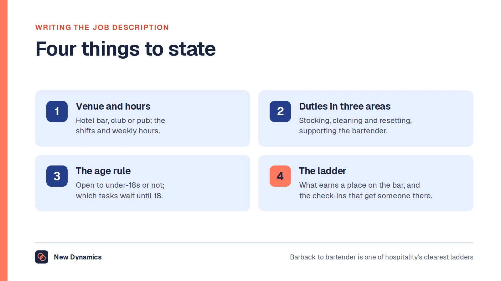 Four things a barback job description should state: the venue, shifts and hours; the duties in three areas; whether the role is open to under-18s and which tasks are excluded; and the route to bartender with its check-ins.