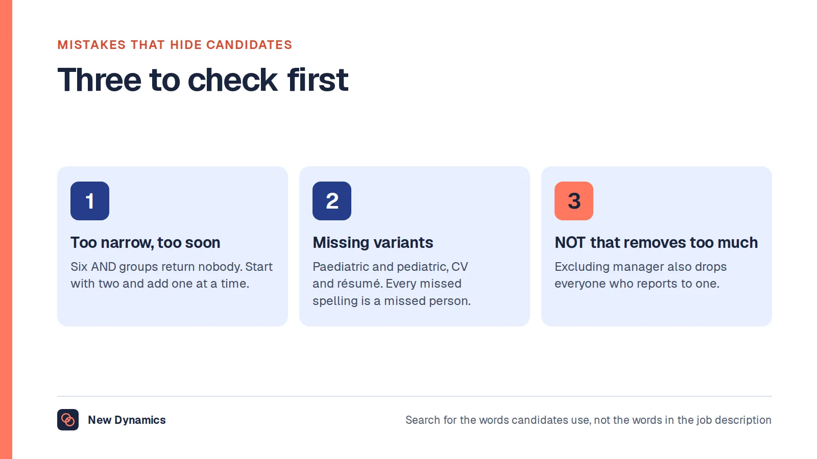 Three Boolean search mistakes that hide good candidates: narrowing too early with too many AND groups, missing synonyms and spellings, and over-using NOT so that it excludes more than intended.