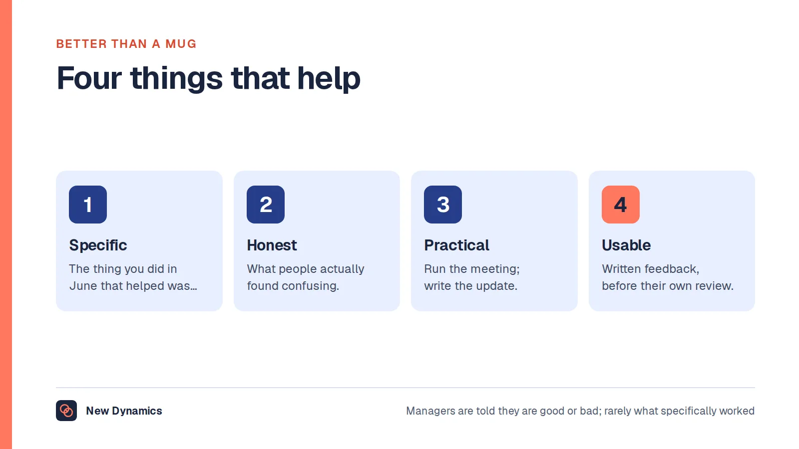Four alternatives to a Boss's Day gift: a specific example, an honest answer, taking a task off them, and usable written feedback.