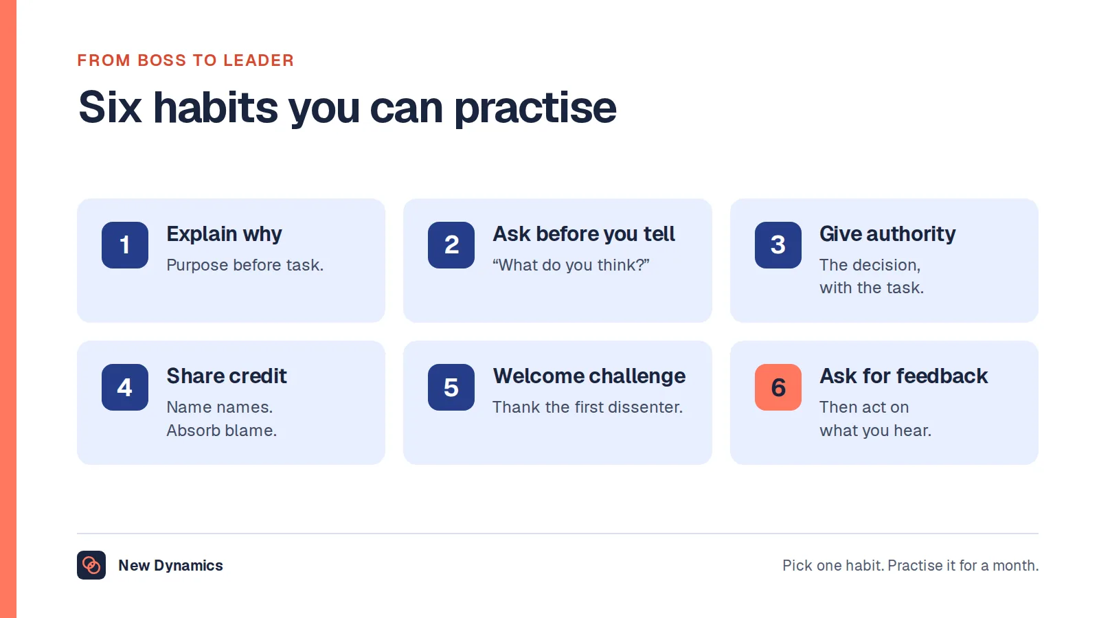 Six habits to move from boss to leader: explain why, ask before you tell, give authority with the task, share credit and absorb blame, make it safe to disagree, and ask for feedback on yourself.