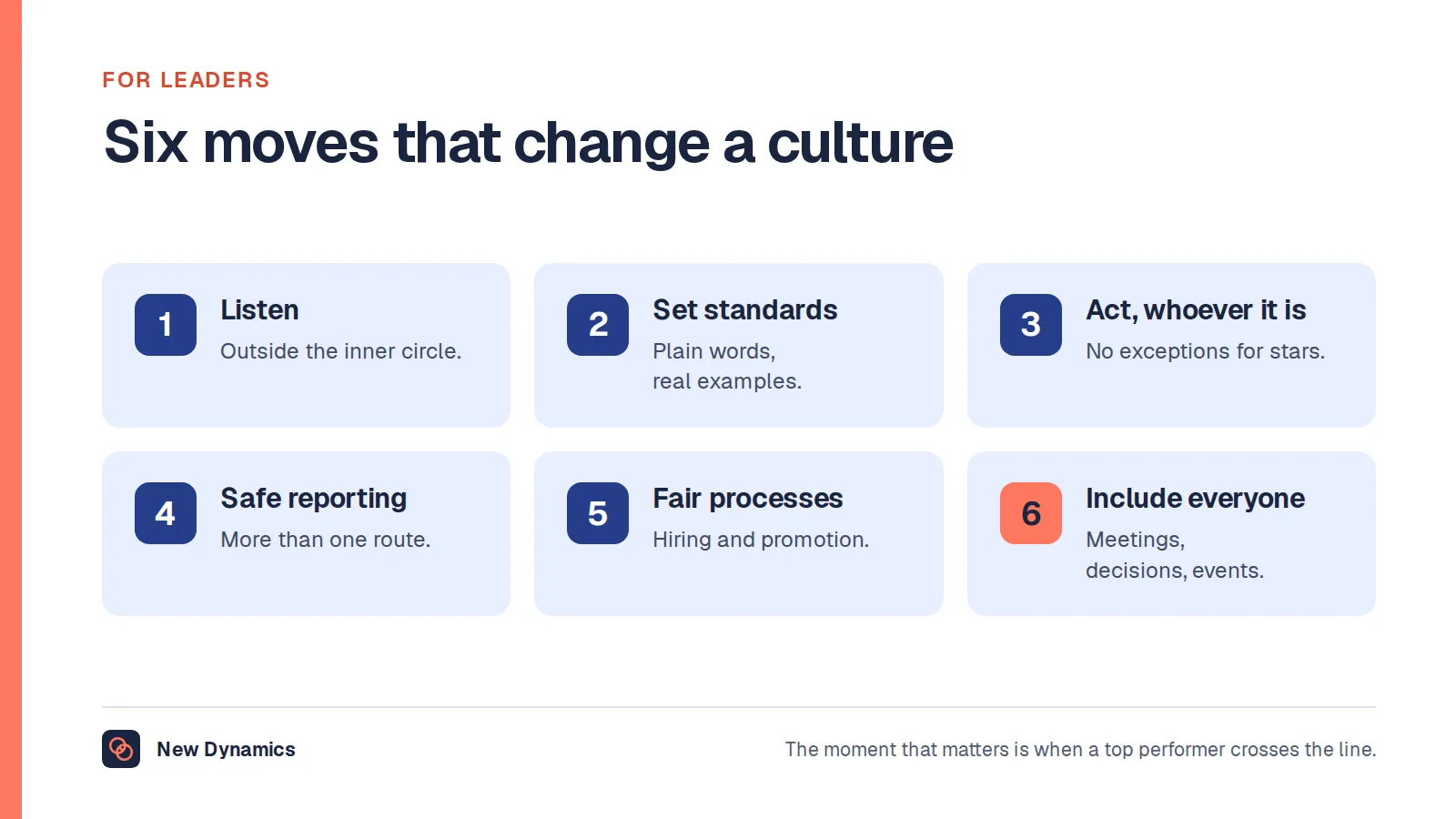 Six moves for leaders to change a bro culture: listen outside the circle, set clear standards, act whoever it is, make reporting safe, fix hiring and promotion, and include everyone in meetings and events.