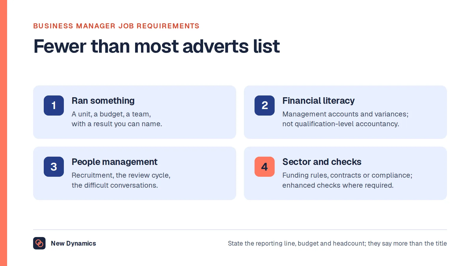Four requirements for a business manager: evidence of running something with a result you can name; financial literacy at the level the job needs; people management including the review cycle; and sector knowledge and checks only where they genuinely matter.