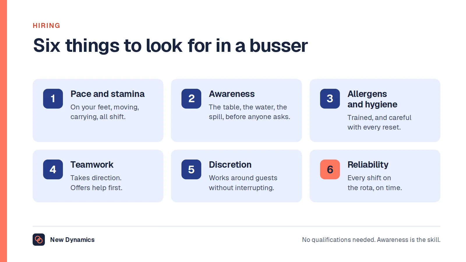 Six qualities of a good busser: pace and stamina, awareness, care with allergens and hygiene, teamwork, discretion and reliability.