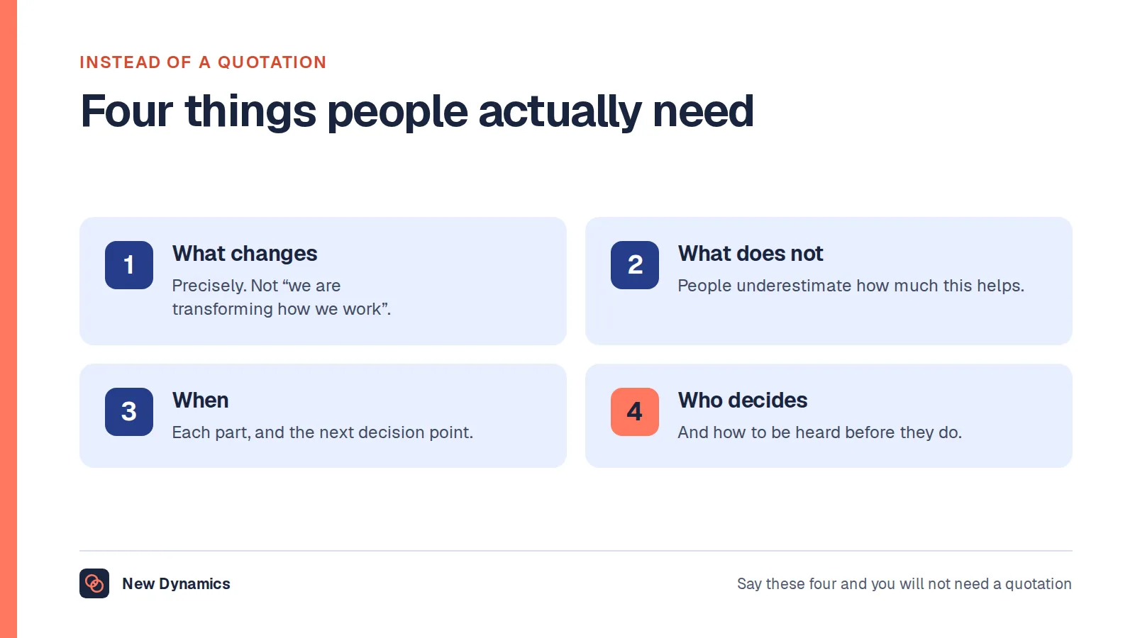Four things a change announcement should contain: what is changing precisely, what is not changing, when each part happens, and who decides and how to be heard first.