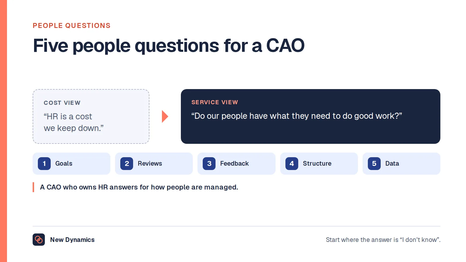 Five people questions every chief administrative officer should be able to answer, about goals, reviews, feedback, structure and data, moving from 'HR is a cost we keep down' to 'Do our people have what they need to do good work?'