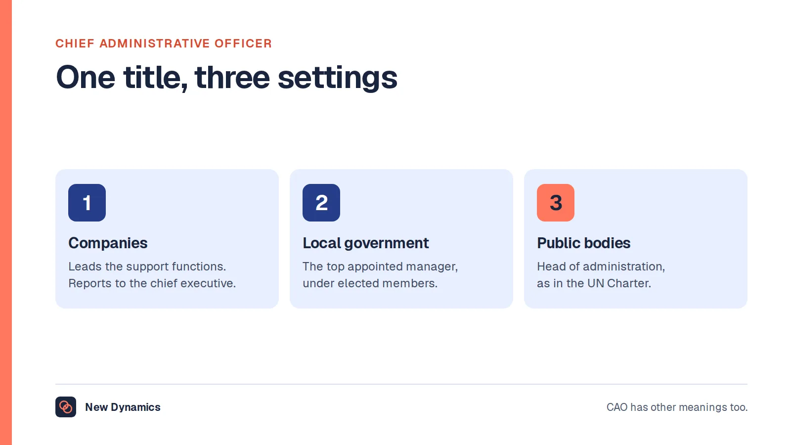 Chief administrative officer in three settings: in a company the head of support functions, in local government the top appointed manager, and in public bodies such as the United Nations the head of administration.