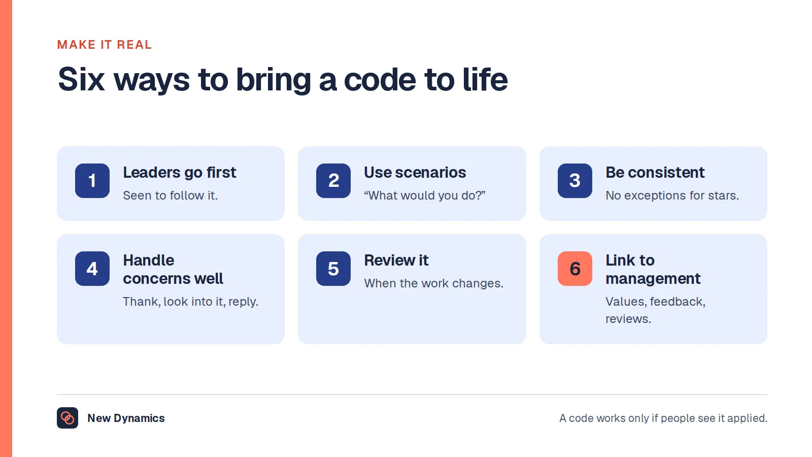 Six ways to make a code of conduct real: leaders go first, discuss real scenarios, apply it consistently, handle concerns well, review it regularly and link it to everyday management.