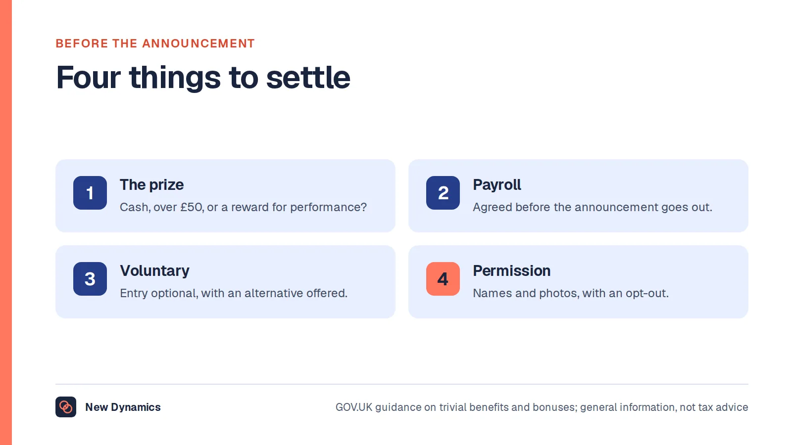 Four things to settle before announcing a contest prize: the tax position, payroll agreement, voluntary entry and permission for names and photos.