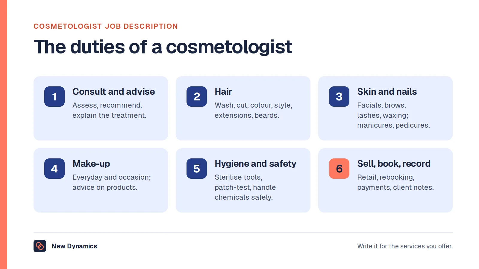 Seven duties of a cosmetologist grouped into six: consult and advise, cut, colour and style hair, skin, facial and nail treatments, make-up, hygiene and safety, and sales, bookings and records.