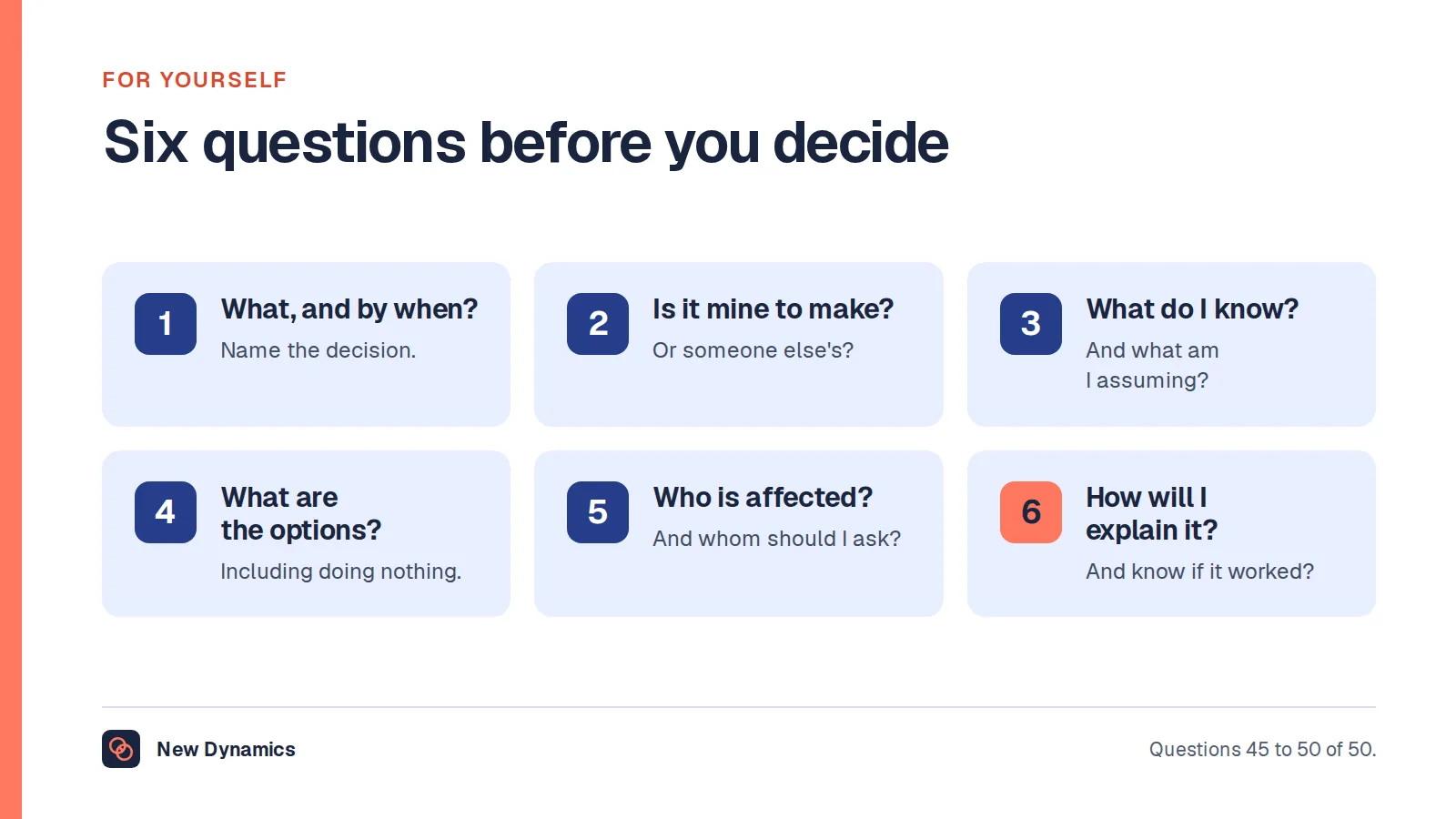 Six questions to ask yourself before a decision: what am I deciding and by when, is it mine to make, what do I know and assume, what are the options, who is affected, and how will I explain it.