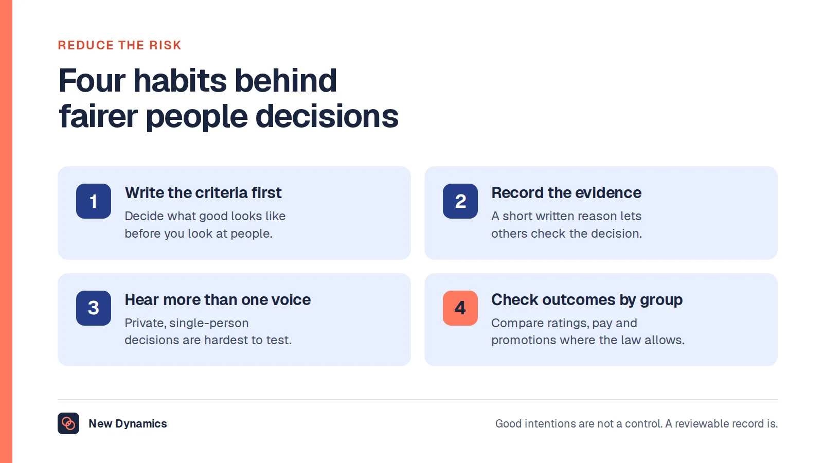 Four habits for fairer people decisions: write the criteria first, record the evidence, hear more than one voice, and check outcomes by group.