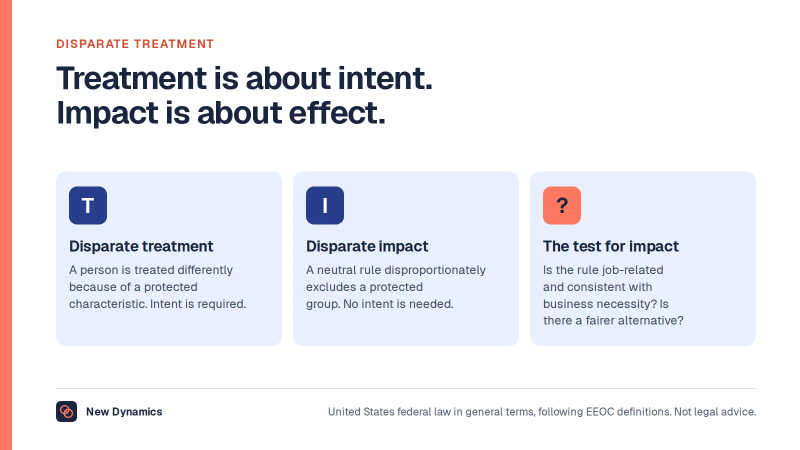 Disparate treatment vs disparate impact: treatment is intentional different treatment of a person, while impact is a neutral rule with an unequal effect on a group.