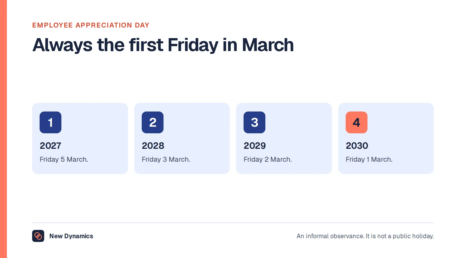 Employee Appreciation Day dates, always the first Friday in March: 5 March 2027, 3 March 2028, 2 March 2029 and 1 March 2030.