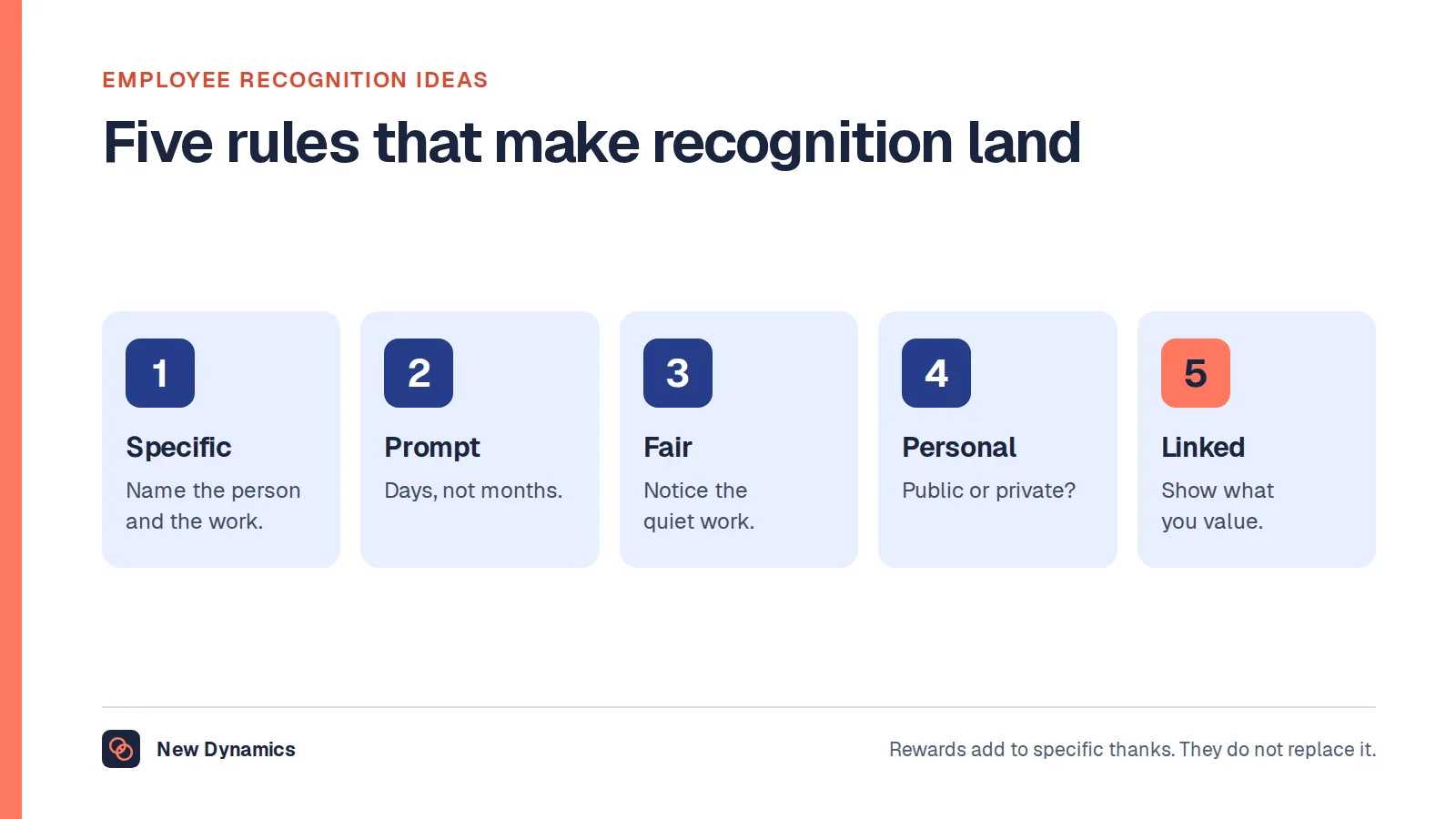 Employee recognition ideas: five rules that make recognition land. Be specific, be prompt, be fair, make it personal, and link it to what you value.