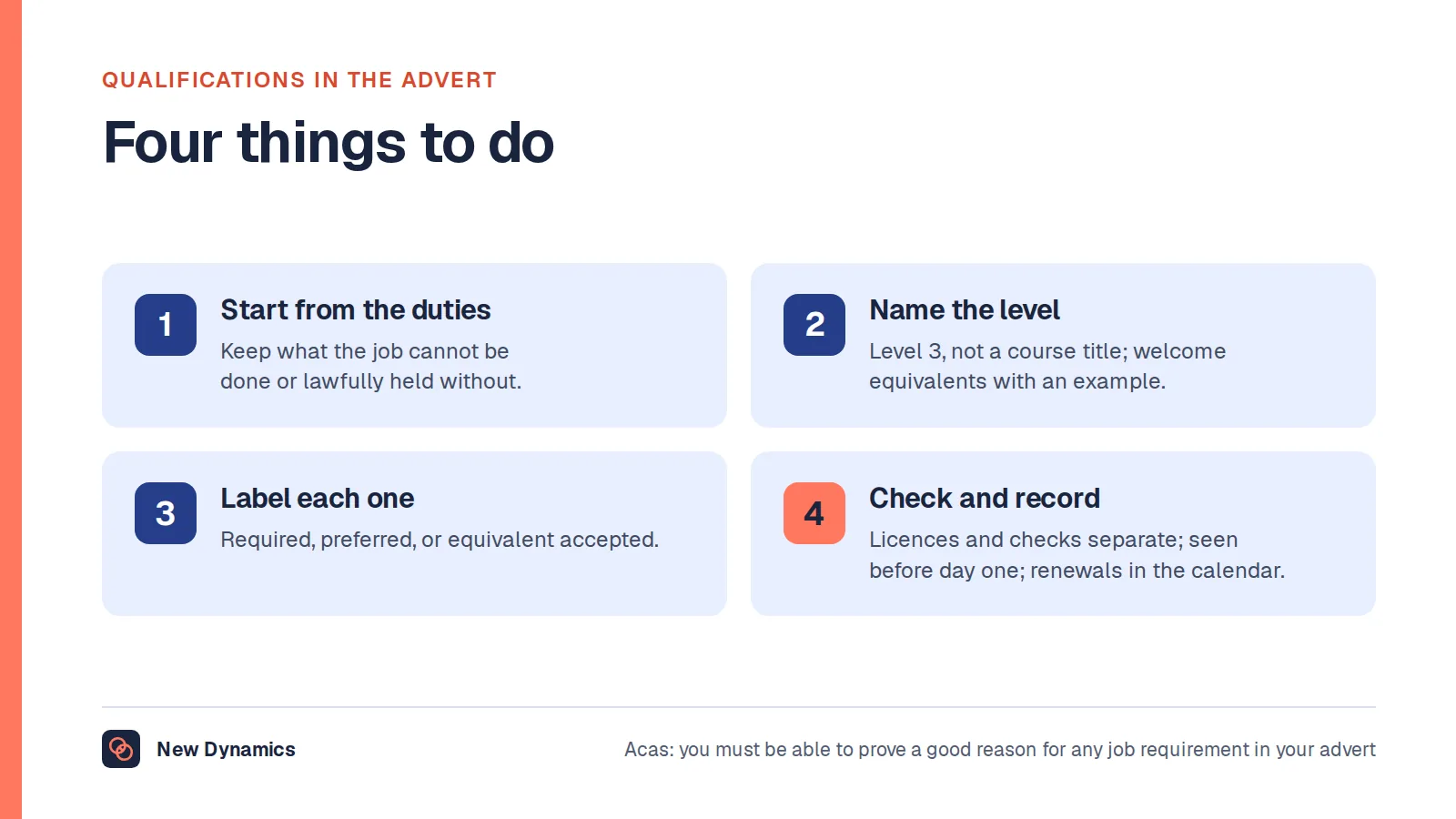 Four steps for stating qualifications in a job advert: start from the duties and keep only what the job cannot be done without; name the level rather than a course title and welcome equivalents; label each qualification required or preferred; list licences and checks separately and check and record them after hiring.