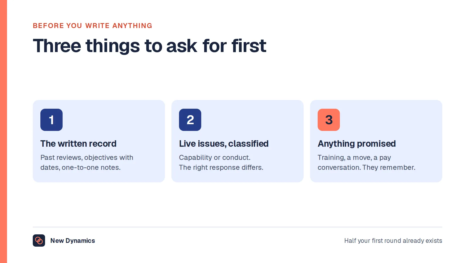 Three things a new manager should ask the previous manager or HR for: the written record of reviews, objectives and one-to-one notes, any live performance issue with its classification, and anything that was promised to the employee.