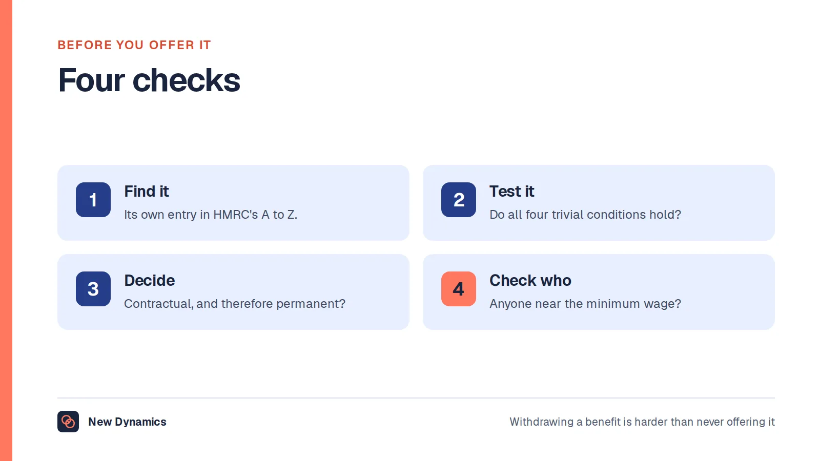 Four checks before promising a benefit: find it in the A to Z, test the trivial conditions, decide whether it is contractual, and check who is excluded.