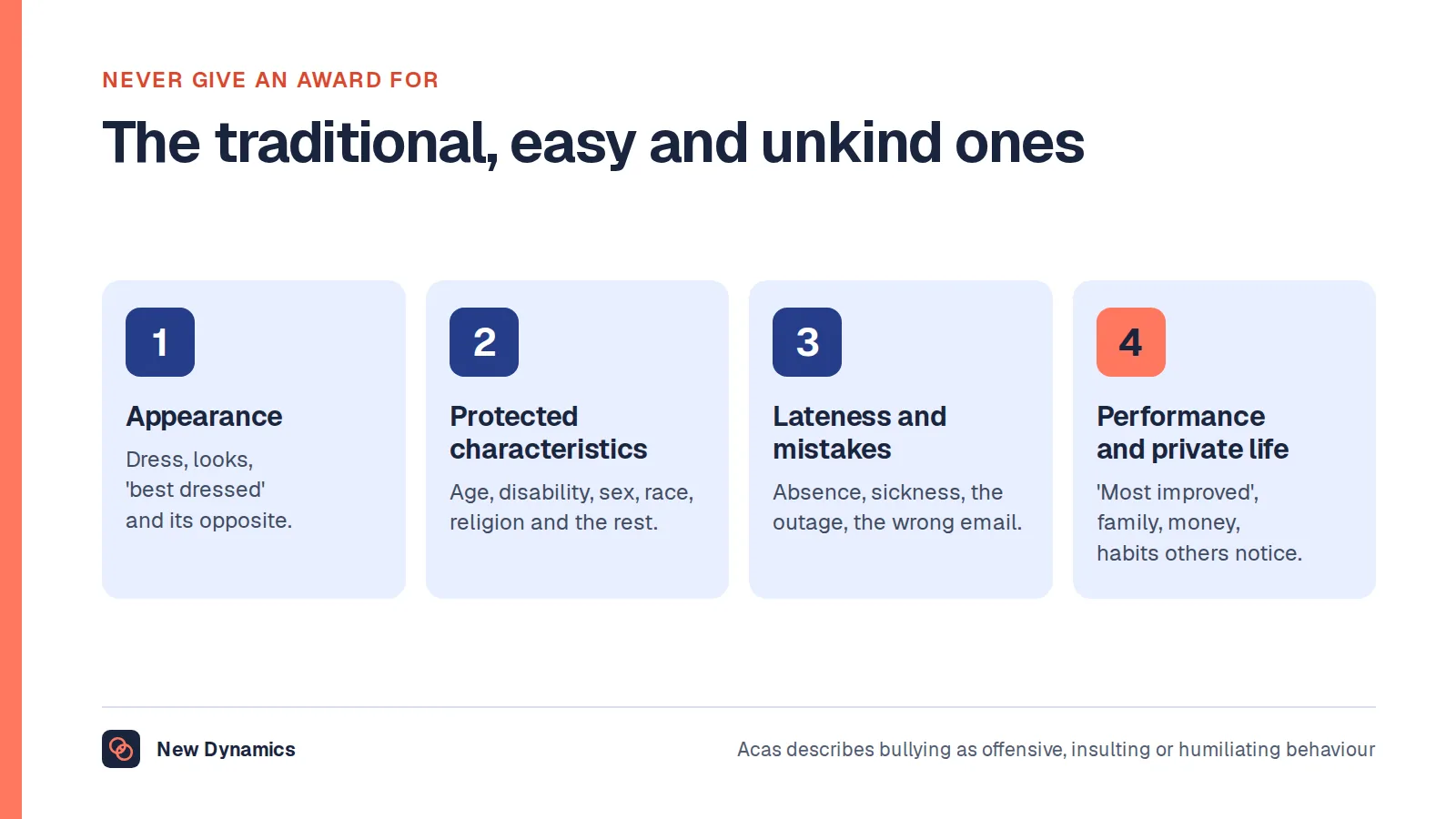 Four groups of awards never to give: appearance or dress; protected characteristics such as age, disability, sex, race or religion; lateness, absence, sickness or mistakes; and performance, family, money or private habits.