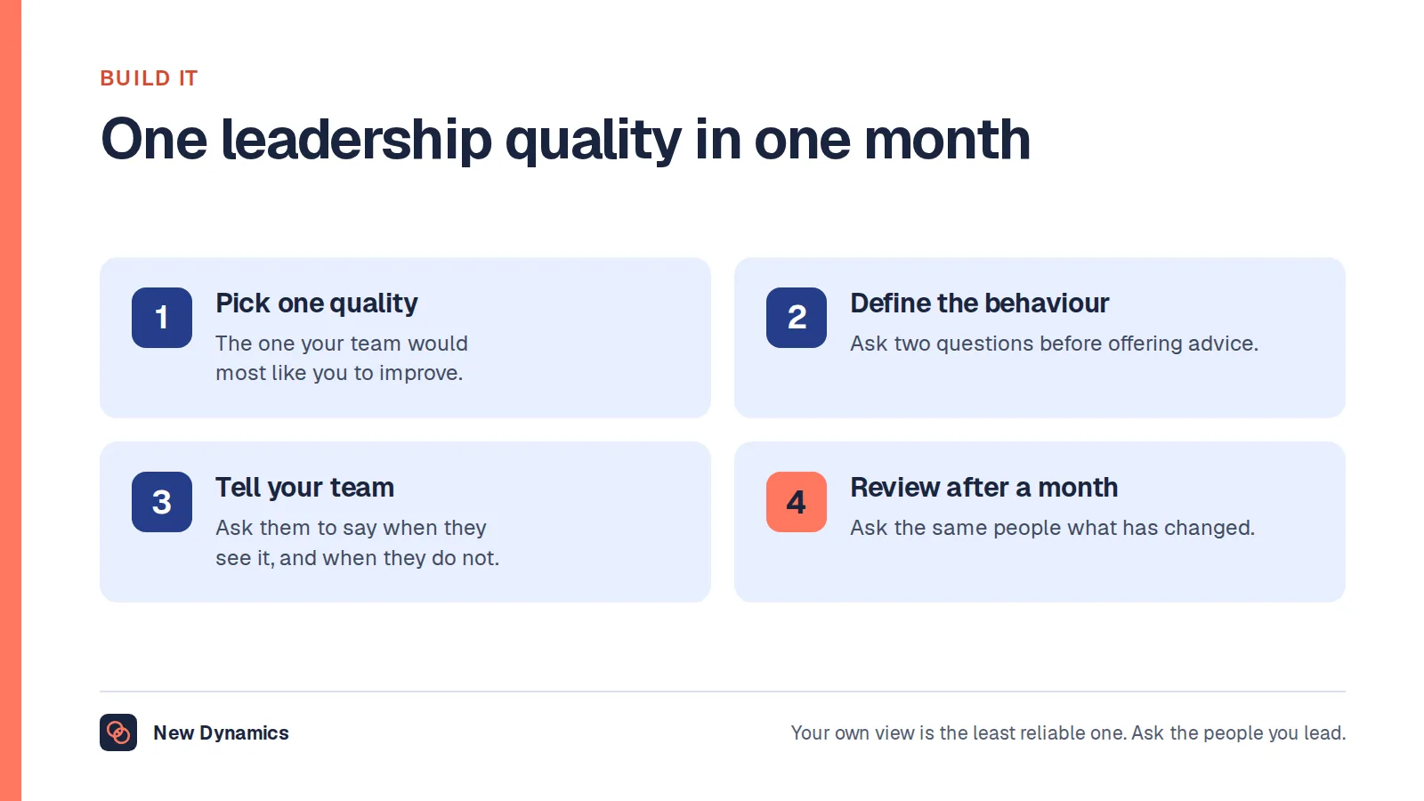 A one-month plan to build a leadership quality: pick one quality, define the behaviour, tell your team what you are working on, and review after a month.