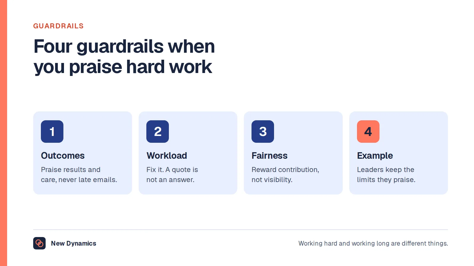 Four guardrails when praising hard work: praise outcomes and care, not hours; fix the workload before quoting perseverance; check who gets called hardworking; and model the limit yourself.
