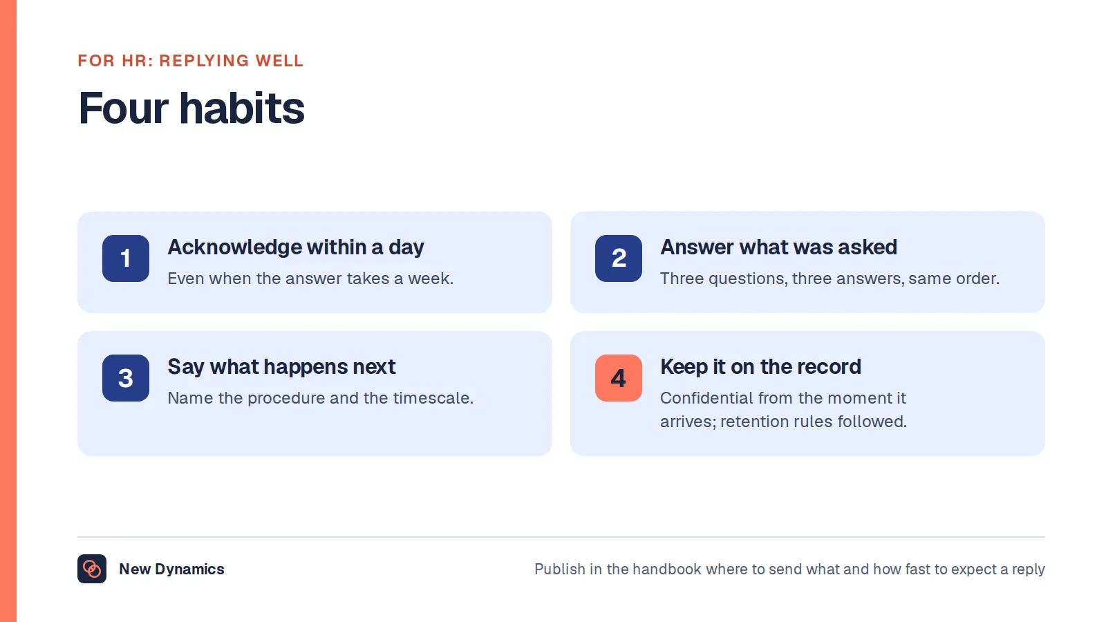 Four habits for HR teams replying to emails: acknowledge within a working day; answer the questions asked, in order; say what happens next and when; keep the email and the reply on the record, confidentially.