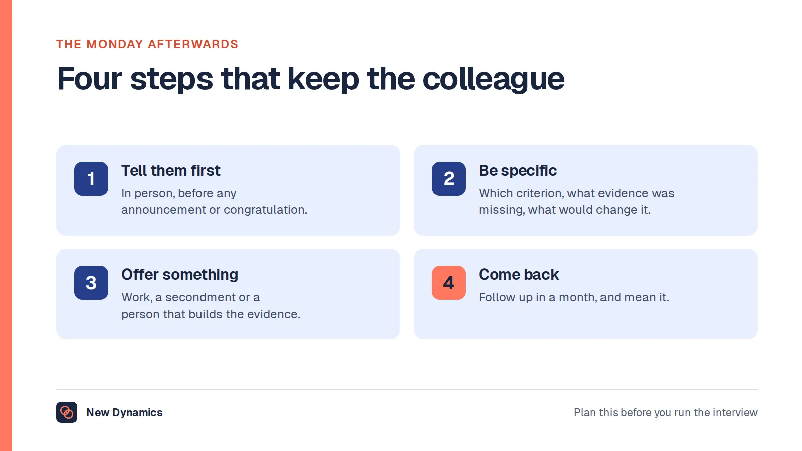 Four steps after an internal interview: tell them first in person, give specific feedback against the criteria, offer something concrete, and follow up a month later.