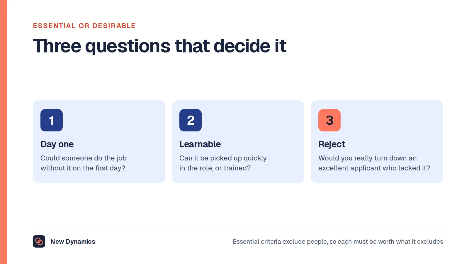 Three tests for whether a criterion is essential: could someone do the job on day one without it, can it be learned quickly in the role, and would you really reject an excellent applicant for lacking it.