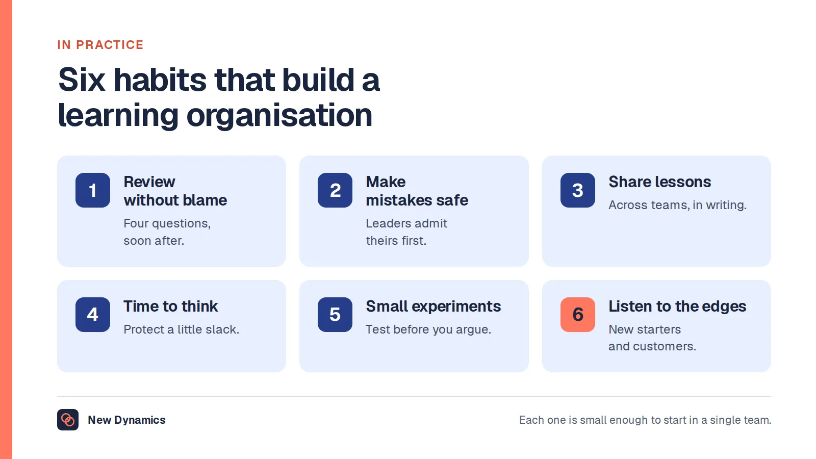 Six everyday habits of a learning organisation: review without blame, make mistakes safe to admit, share lessons across teams, give people time to think, run small experiments and listen to the edges.