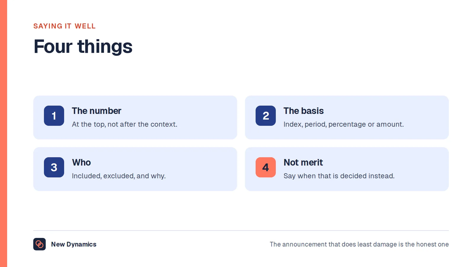 Four things a cost of living announcement should contain: the number, the basis, who is included, and what it is not.