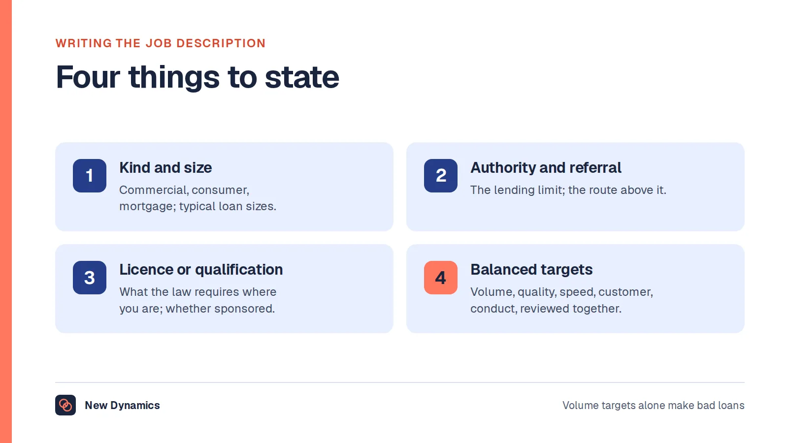 Four things a loan officer job description should state: the kind of lending and typical loan sizes; the lending authority and referral route; the licence or qualification required; and balanced targets across volume, quality, speed, customer and conduct.