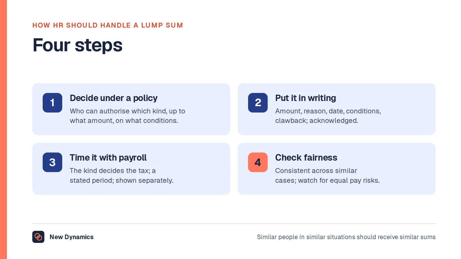 Four steps for HR handling a lump sum payment: decide it under a written policy; put the amount, reason, date and conditions in writing; time it with payroll and brief them on the kind; check fairness and consistency across similar cases.