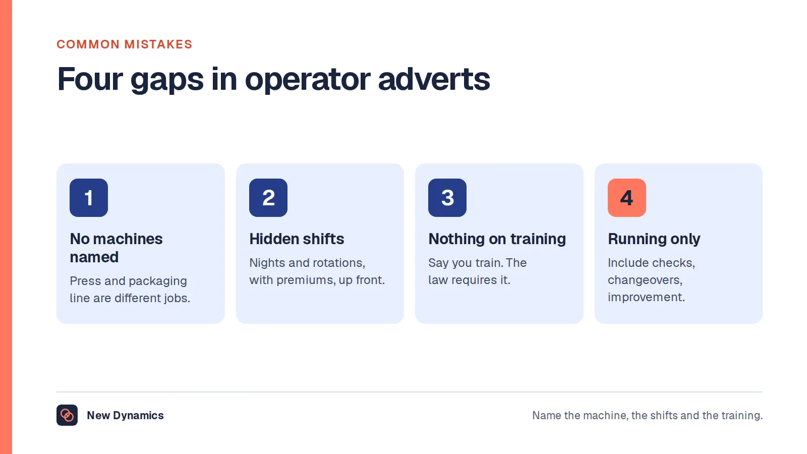Four common gaps in machine operator adverts: no machines named, hidden shift patterns, nothing said about training, and a job described as running only without quality checks, changeovers or improvement.