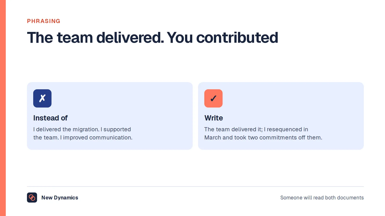 The phrasing rule for a manager self assessment: instead of claiming the team's delivery or writing vague support, name the team's result and the manager's specific contribution to it.