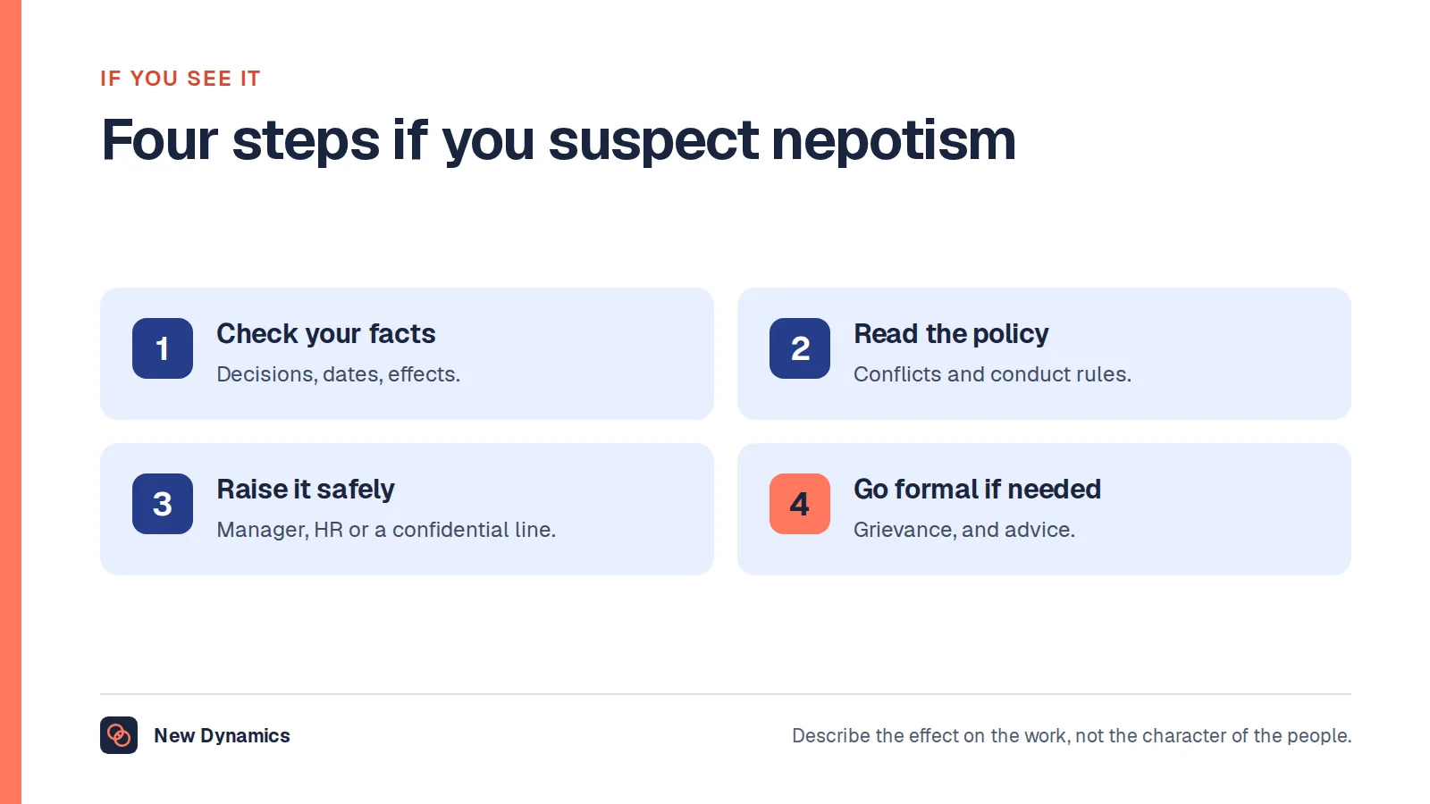 Four steps if you suspect nepotism at work: check your facts, read the policy, raise it through a safe route, and use the formal procedure if needed.
