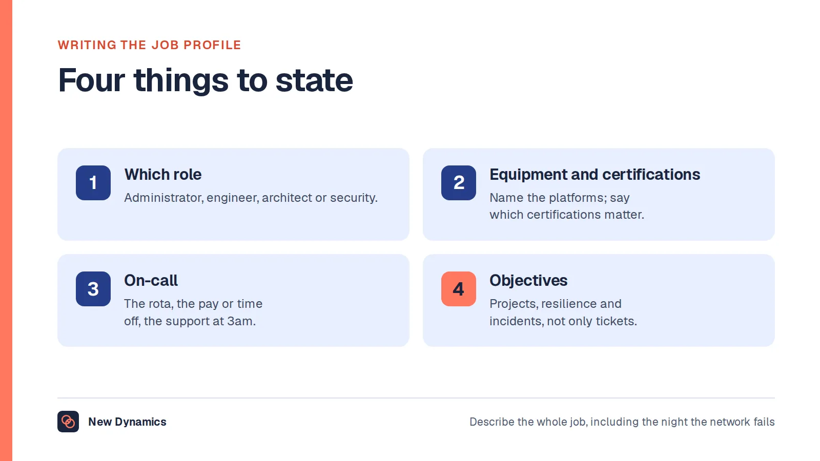 Four things a network engineer job profile should state: which network role it is; the equipment and certifications that matter for the estate; the on-call rota and how it is recognised; and objectives that cover projects, resilience and incidents.